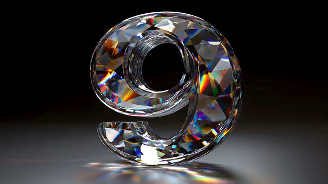 Crystal number nine with rainbow reflections on dark background