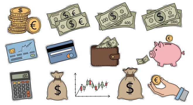A collection of money and financial items on a white background including cash, wallet, credit cards, and piggy bank.