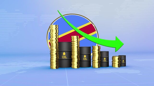 Democratic Republic of the Congo Oil Prices Decline with Oil Barrels, Gold Coins and Downward Green Arrow, 3D Economic and Financial Market Concept