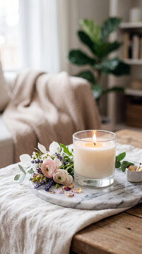 Aromatherapy candle with delicate flowers and matches on a marble tray