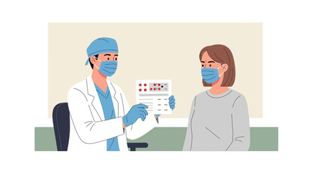 Obraz premium Doctor Explains Medical Report to Patient Wearing Face Masks