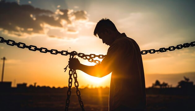 Silhouette of a man breaking chains during sunrise: Freedom and hope
