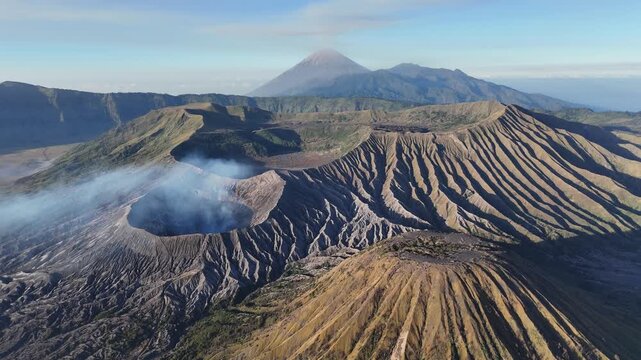 Aerial view of the volcanic complex in Bromo Tengger Semeru National Park located in East Java of Indonesia.
