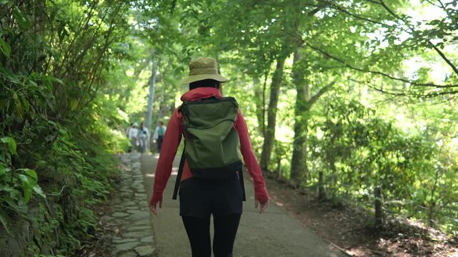 高尾山の一号路を歩く女性の後ろ姿のフォローショット
