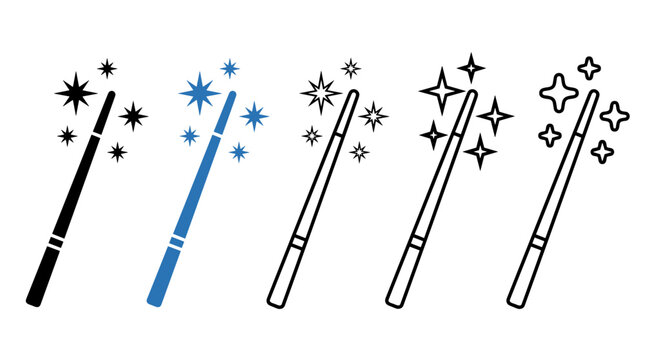 Collection of five distinctive magic wands with sparkles in various styles for creative design projects