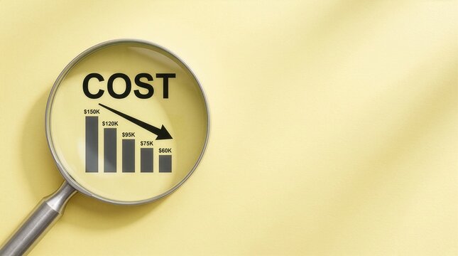 Cost reduction analysis and expense control concept. magnifying glass on yellow background, showing lower cost arrow, financial efficiency, budget savings. New system
