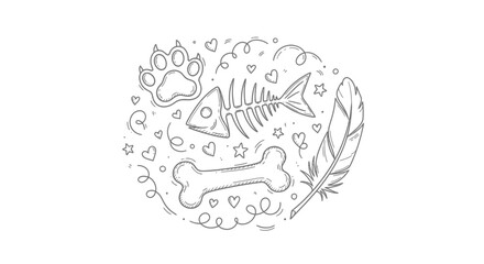 Fototapeta premium A whimsical illustration of a paw print, fish skeleton, bone, and feather surrounded by hearts and stars.