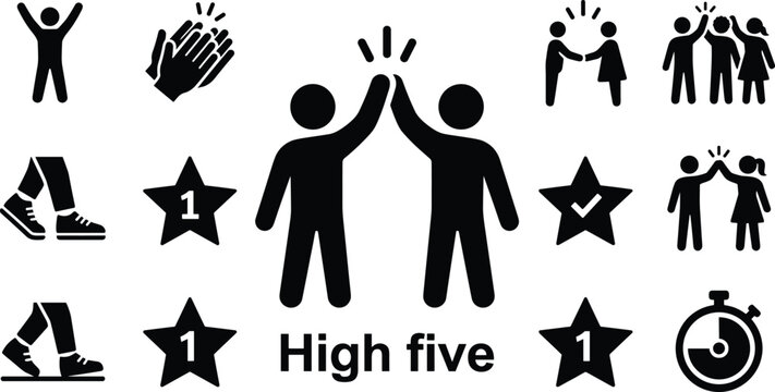 High five icons and success symbols, people celebrating with clapping hands and stars, victory concept illustration