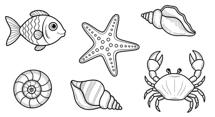 Obraz premium A colorful illustration of various sea creatures including a fish, starfish, crab, and seashells in a vibrant ocean scene with Whisk_eb3ad59492ded4ca42142e9390353370dr.svg elements.