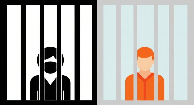 Comparison of a prisoner silhouette and a man in an orange jumpsuit behind bars