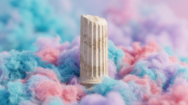 A broken piece of an ancient stone column standing upright in the middle of a thick, fluffy cloud of vibrant blue, pink, and purple cotton candy