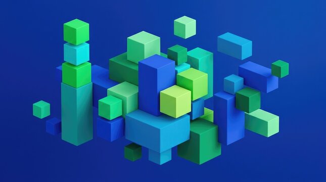 A cluster of floating 3d cubes and rectangular blocks in various shades of blue and green against a solid dark blue background composition