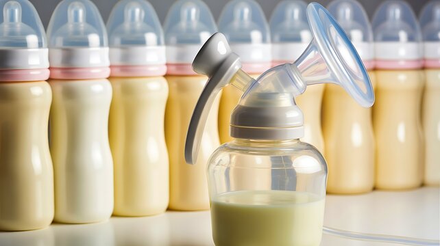 Baby feeding bottles with breast pump and milk for infant nutrition