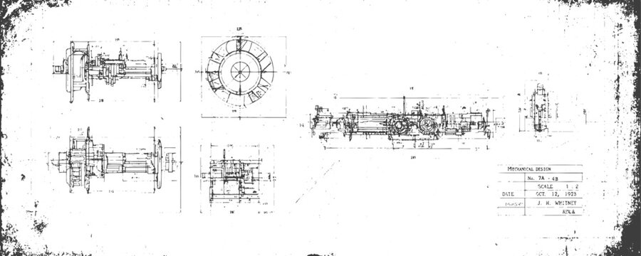 Vintage 1928 Mechanical Engineering Blueprint with Grunge Texture Hand Drawn Technical Drawing of Machine Part on Distressed Background