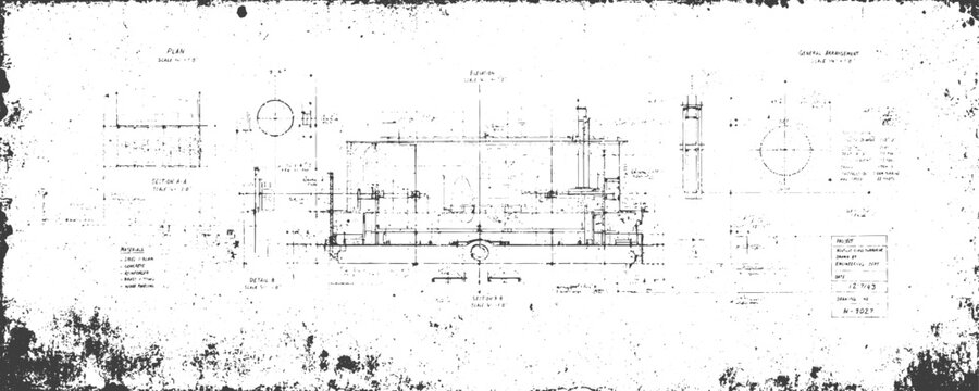Vintage Grungy Engineering Blueprint Drawing with Distressed Texture and Antique Mechanical Plans