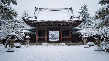 Obraz premium Serene Japanese Temple Gate After Fresh Snowfall | Peaceful Zen Winter Scene