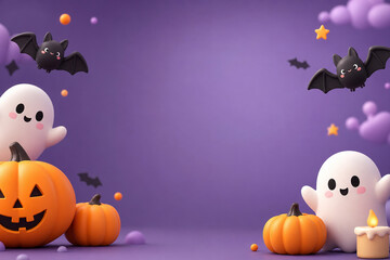 コウモリとおばけの可愛いハロウィン背景 Generative AI © maaagram