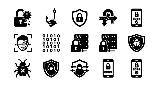 Cybersecurity Icons Set: Digital Protection, Data Security, Network Defense, Threat Prevention