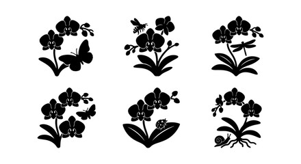 Black Orchid Silhouettes, Botanical Vector Icons, Delicate Floral Elements with Insects, Garden Art © Fariya02