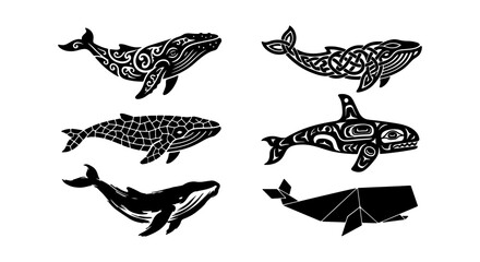 Tribal Whale Vector Art Collection, Oceanic Mammal Silhouettes, Marine Life Illustrations © Fariya02