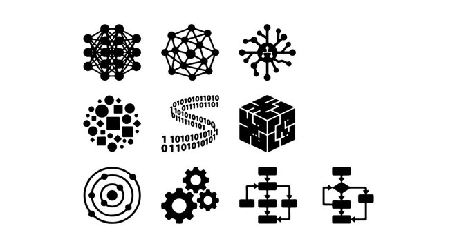 Abstract Network Structures, Data Flow, and Geometric Shapes Vector Icons Set