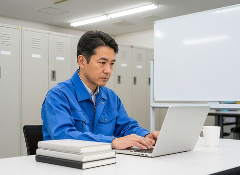 会社事務所でパソコン操作に励む作業服姿の技術者