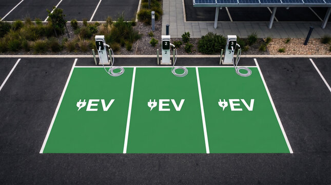 Aerial top-down view of empty electric vehicle EV charging parking spaces in a modern parking lot.
