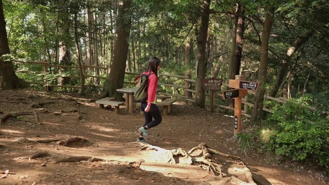 高尾山の4号路を歩く女性のスローモーショントラッキングショット