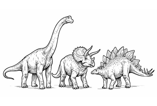 Hand drawn prehistoric dinosaurs vector illustration set featuring realistic brachiosaurus triceratops and stegosaurus isolated on white background,