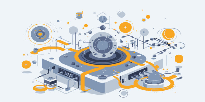Futuristic Technology Machine with Interconnected Components and Glowing Circuits.