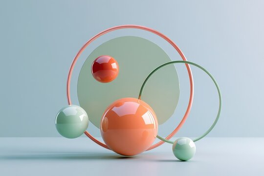 Glossy geometric spheres and rings arranged in a minimalist studio setting with sharp focus for product exhibition and cosmetic branding