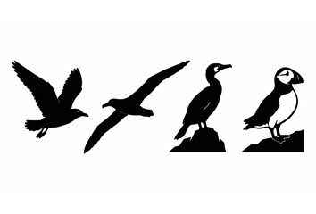 Obraz premium Black silhouette seabirds vector illustration set featuring flying seagull albatross perched cormorant and atlantic puffin isolated on white background,