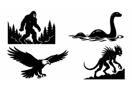 Black silhouette mythical cryptids vector illustration set featuring bigfoot loch ness monster chupacabra and eagle isolated on white background,