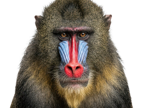 Close-up of a colorful mandrill with vibrant red and blue markings on its face.