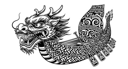 Detailed Dragon Boat Illustration with Tribal Pattern Art © Arion
