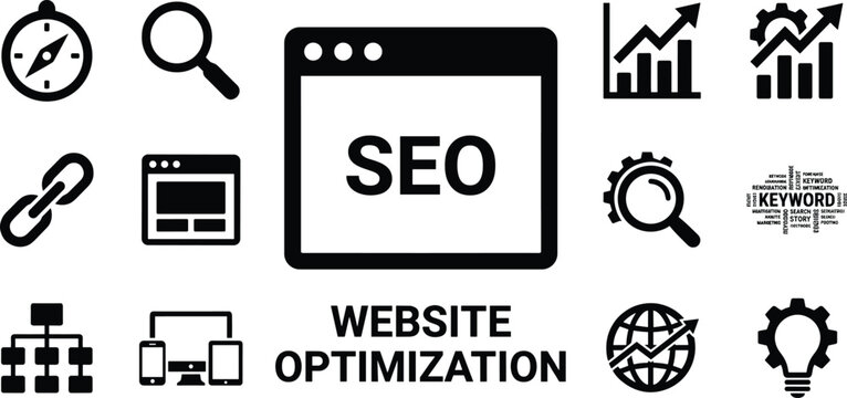 SEO website optimization icons, digital marketing and search engine analysis symbols, web development strategy elements