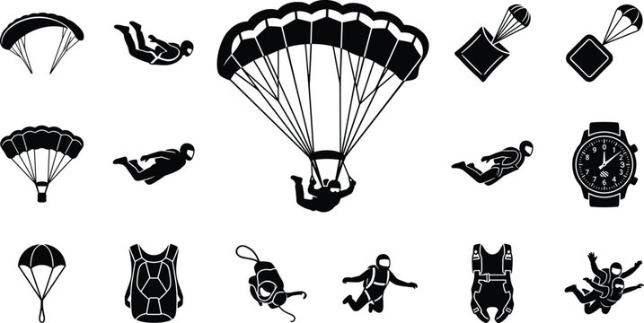 Skydiving and parachuting icons collection, set of black silhouettes featuring skydivers, parachutes, and gear for extreme sports design.