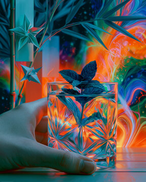 Abstract Neon Mint Cocktail Glass with Hand and Tropical Leaves