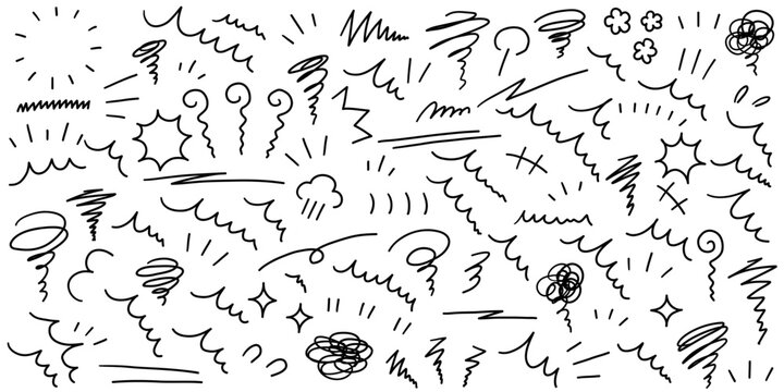 手書きの飾りイラストのベクターイラストセット。手描き、集中線、モヤモヤ、注目