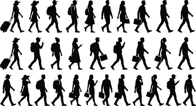 Walking people silhouettes, commuters and travelers with bags, diverse pedestrians strolling, isolated on white background