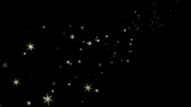 Golden bokeh particles float as glowing yellow hexagons across a dark space.