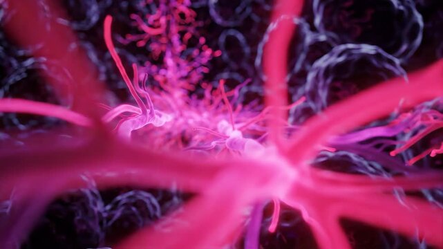 Neuron Nerve Cell Pink Abstract Science Biology Medical Closeup Glowing Network Microscopic Background with Neural Axon Dendrite Synapse Brain Connection, Digital Microscopic Pink Neuron Cell Abstract
