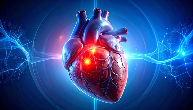Anatomical illustration of a human heart with glowing red highlight in the center, surrounded by electric blue energy waves and abstract circular patterns