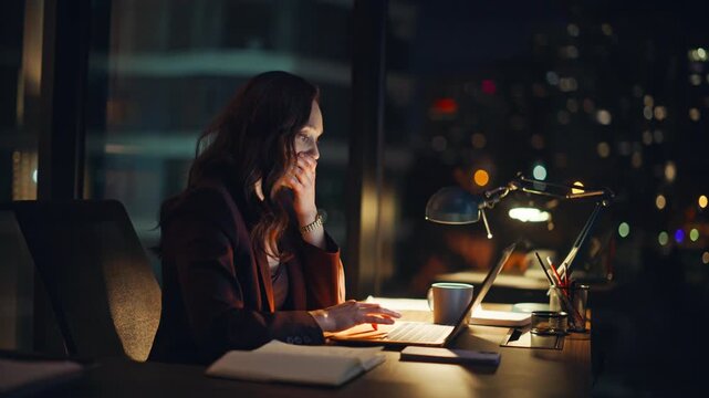 Shocked night businesswoman failed project closing laptop. Woman feeling stress