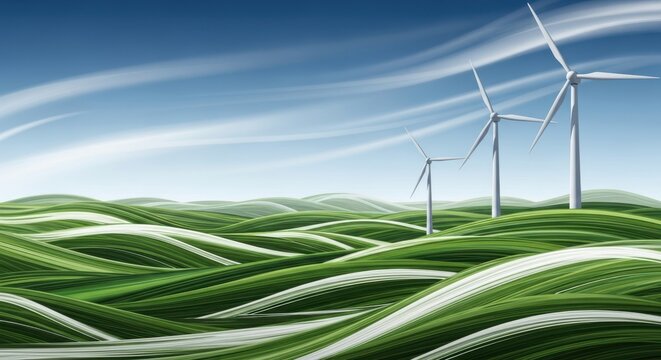 Renewable energy wind turbines grace rolling green hills under a vast blue sky