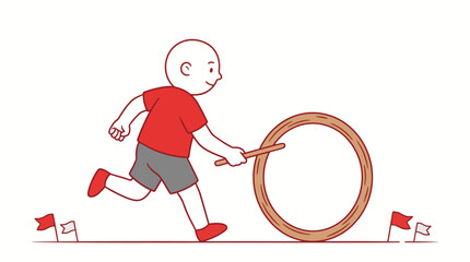 Illustration of boy playing traditional hoop and stick game. © Oktafianto