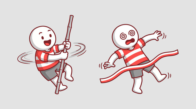Funny cartoon character spinning around a pole and crossing finish line while dizzy.