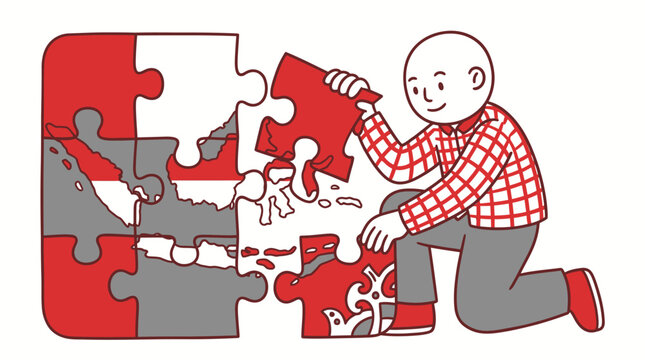 Man assembling Indonesia map jigsaw puzzle with flag design, representing national unity and progress.