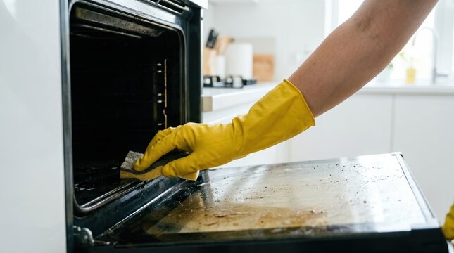 Person Wearing Yellow Rubber Gloves Scrubbing Dirty Oven Interior for Deep Kitchen Cleaning and Maintenance