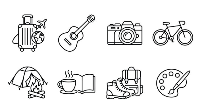 Minimalist vector hobbies icons set featuring travel, hiking, photography, painting, guitar music, yoga meditation, sports, reading, relaxation, lifestyle, recreation, creative, wellness, activity 